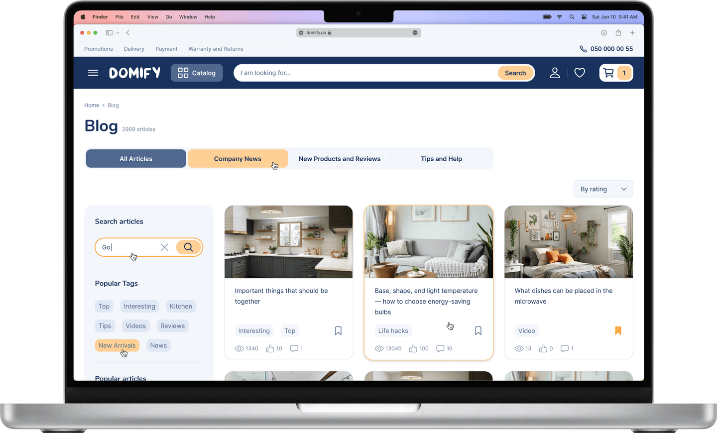 Design of the Blog page of an online store for Desktop