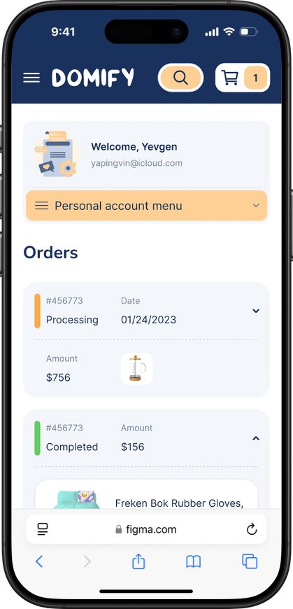 Design of the Orders page of an online store for Mobile
