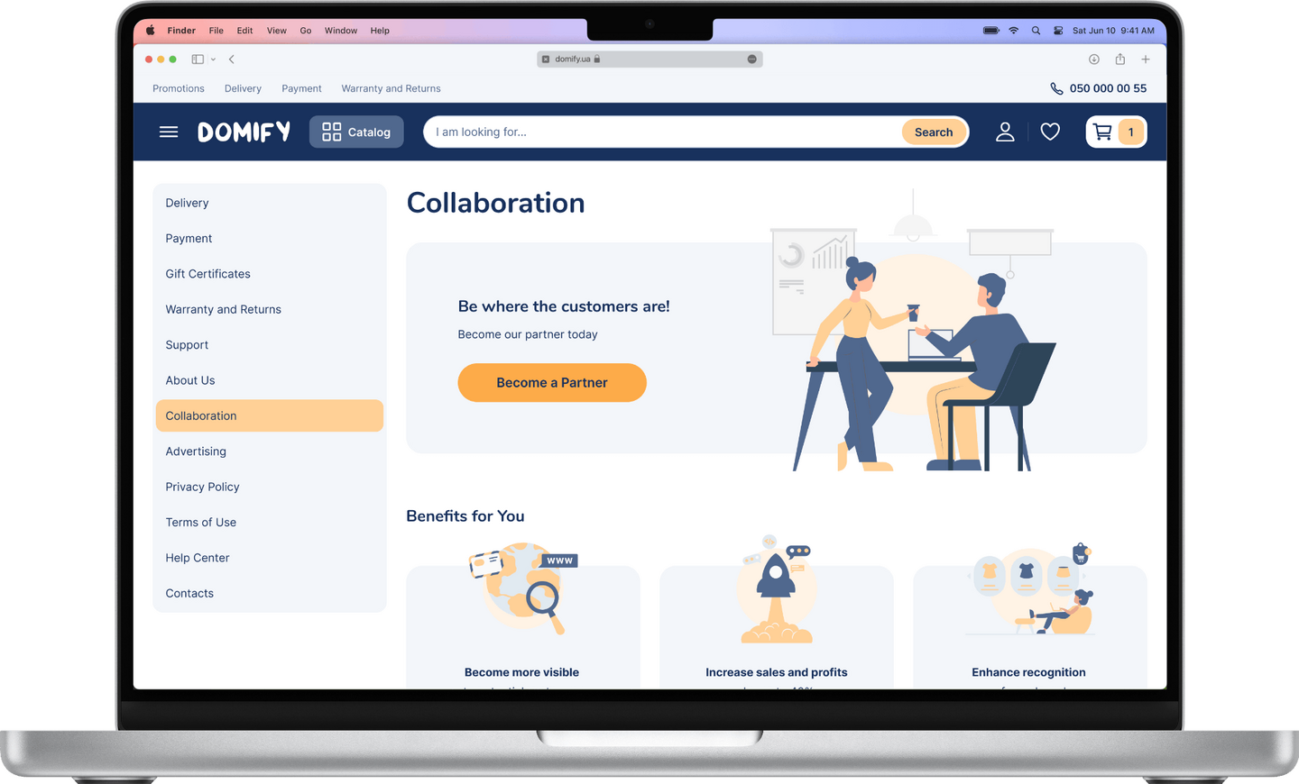 Design of the Cooperation page of an online store for Desktop