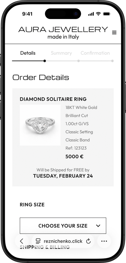 Design of the Order Details Page of a Jewelry Configurator for Mobile