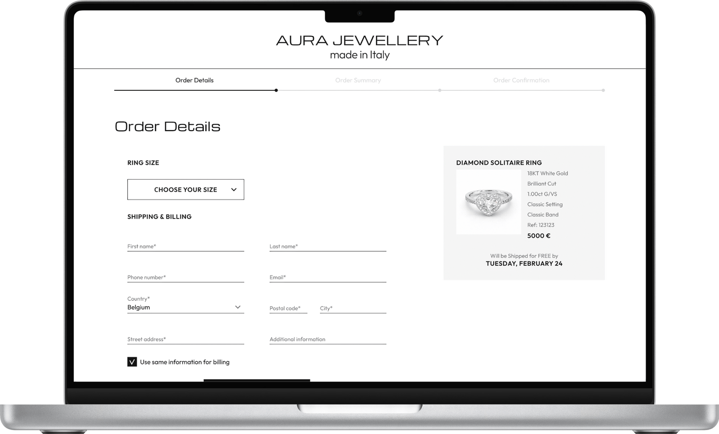 Design of the Order Details Page of a Jewelry Configurator for Desktop