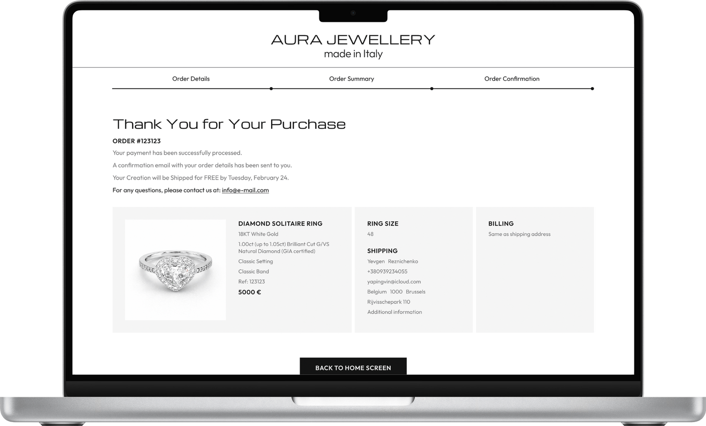 Design of the Order Confirmation Page of a Jewelry Configurator for Desktop