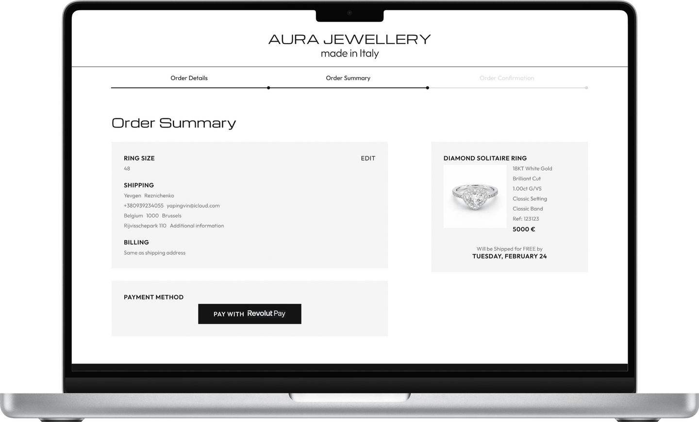 Design of the Order Summary Page of a Jewelry Configurator for Desktop